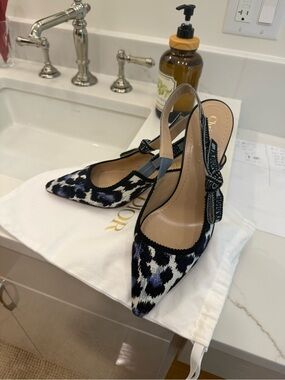 Dior Navy and Black Leopard-Print Slingback kitten heels